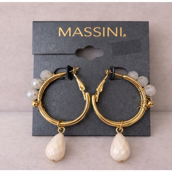 Massini Jewelry - Massini Gold Hoop Earrings White Beads Teardrop Dangle, NWT